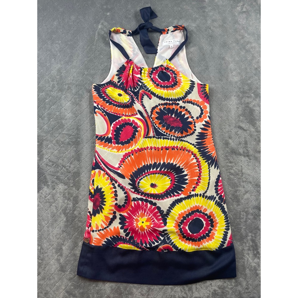 Trina Turk 100% Silk Halter Retro‎ Dress Multi Color Abstract Floral Lined FLAWS
